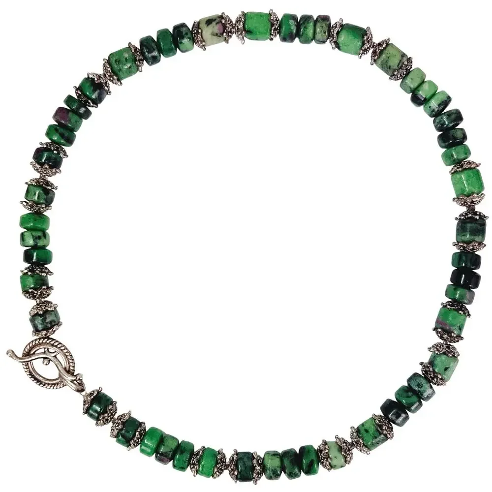 Genuine Ruby in Zoisite Green Gemstone Bead Necklace Silver Tone Artisan Choker